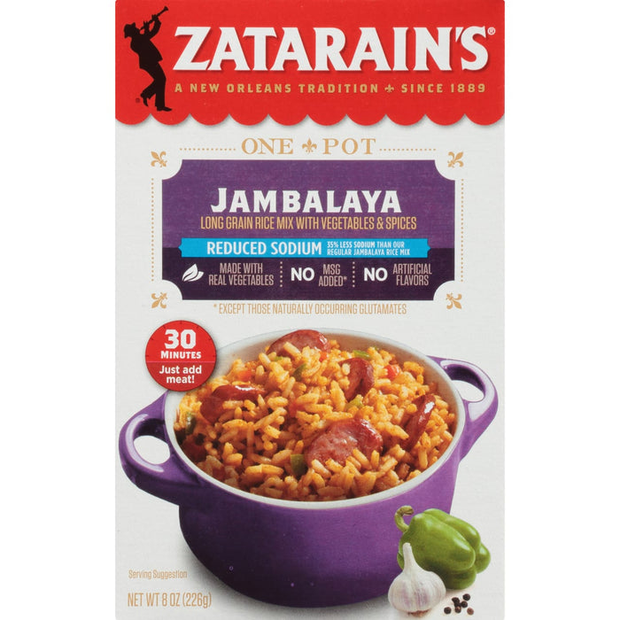 A box of Zatarain's Reduced Sodium Jambalaya mix with a serving suggestion of the finished product.