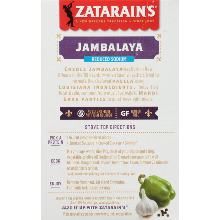 Zatarain's Jambalaya box with a recipe and ingredients.