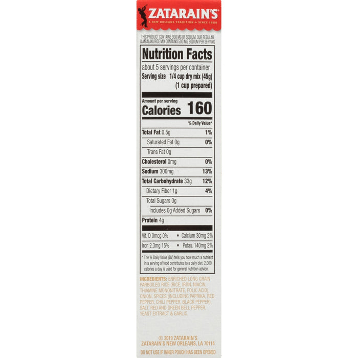 Zatarain's nutrition facts label for their long grain parboiled rice.