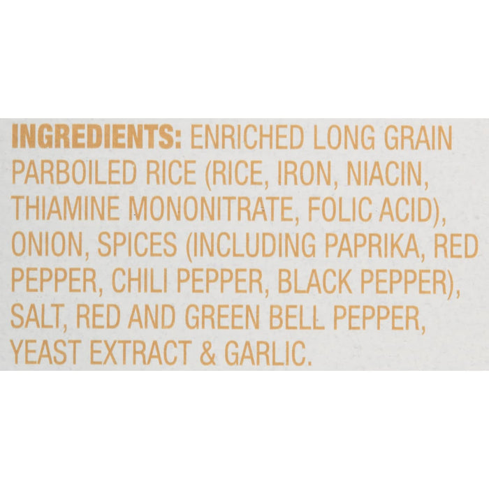 A list of ingredients for a product containing enriched long grain parboiled rice, spices, and other ingredients.
