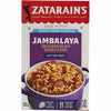 A box of Zatarains New Orleans Jambalaya Rice Mix Long Grain 8 Oz featuring a reduced sodium recipe with long grain rice and vegetables in a purple serving bowl.