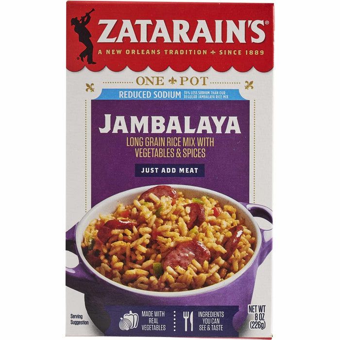 A box of Zatarains New Orleans Jambalaya Rice Mix Long Grain 8 Oz featuring a reduced sodium recipe with long grain rice and vegetables in a purple serving bowl.