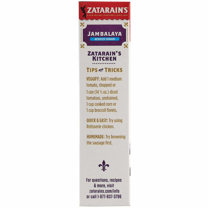 The side panel of Zatarains New Orleans Jambalaya Rice Mix Long Grain 8 Oz features tips and tricks for adding vegetables, rotisserie chicken, or browned sausage to the meal.
