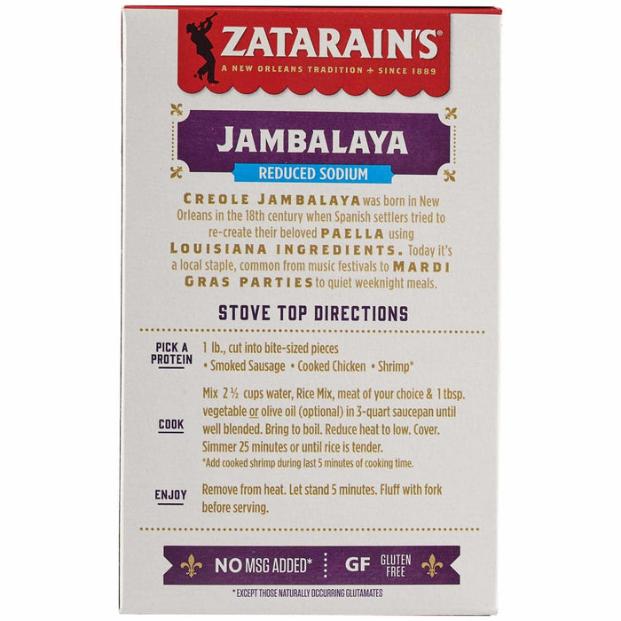 The back of a box of Zatarains New Orleans Jambalaya Rice Mix Long Grain 8 Oz features stove top cooking directions and a brief history of the Creole dish.