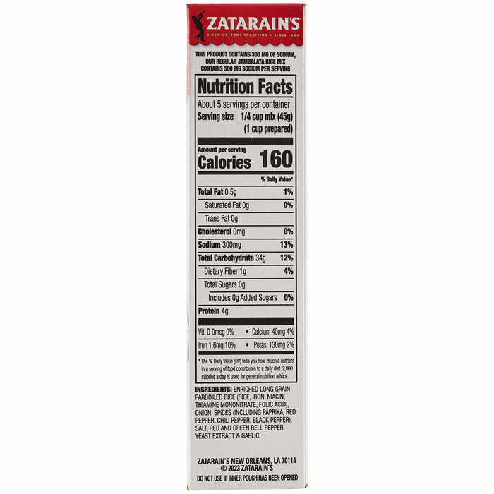 The side panel of a box of Zatarains New Orleans Jambalaya Rice Mix Long Grain 8 Oz displays the nutrition facts and a list of ingredients including enriched long grain parboiled rice and various spices.