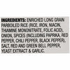 A close up view of the ingredient list for Zatarains New Orleans Jambalaya Rice Mix Long Grain 8 Oz which includes enriched long grain parboiled rice, onion, spices, salt, bell peppers, yeast extract, and garlic.