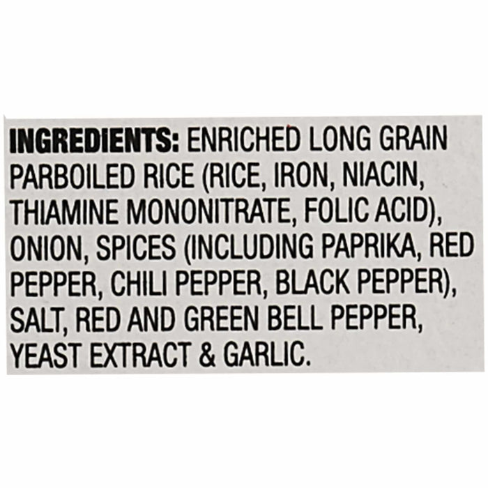 A close up view of the ingredient list for Zatarains New Orleans Jambalaya Rice Mix Long Grain 8 Oz which includes enriched long grain parboiled rice, onion, spices, salt, bell peppers, yeast extract, and garlic.
