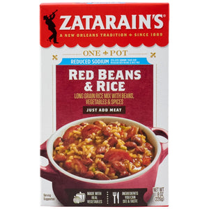 A red and white box of Zatarains Regular Regular Rice And Bean Mix Long Grain 8 Oz shows a prepared bowl of the dish with sausage.