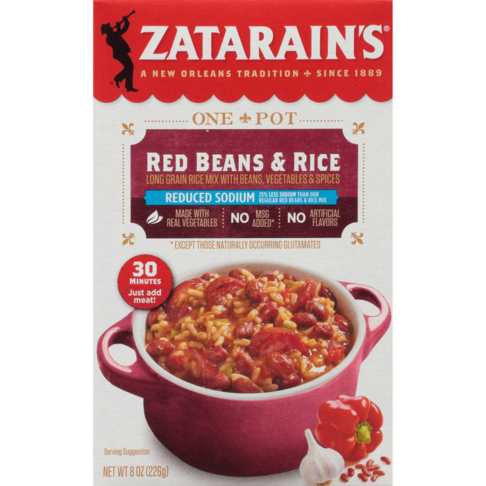 A box of Zatarain's Red Beans &amp; Rice mix with a serving suggestion on the front.