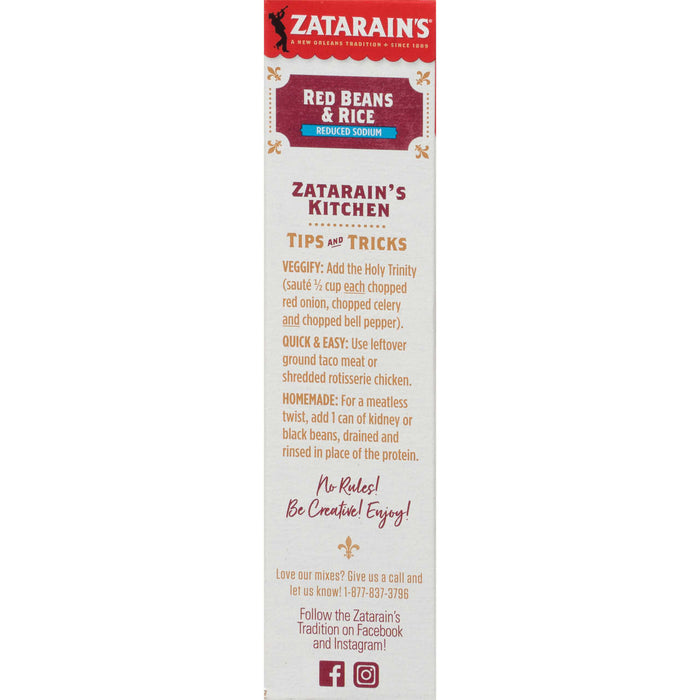 Zatarain's Red Beans &amp; Rice packaging with tips and tricks for using the product.