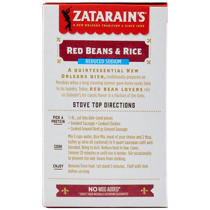 The back of a Zatarains Regular Regular Rice And Bean Mix Long Grain 8 Oz box, featuring cooking instructions for Red Beans &amp; Rice Reduced Sodium.