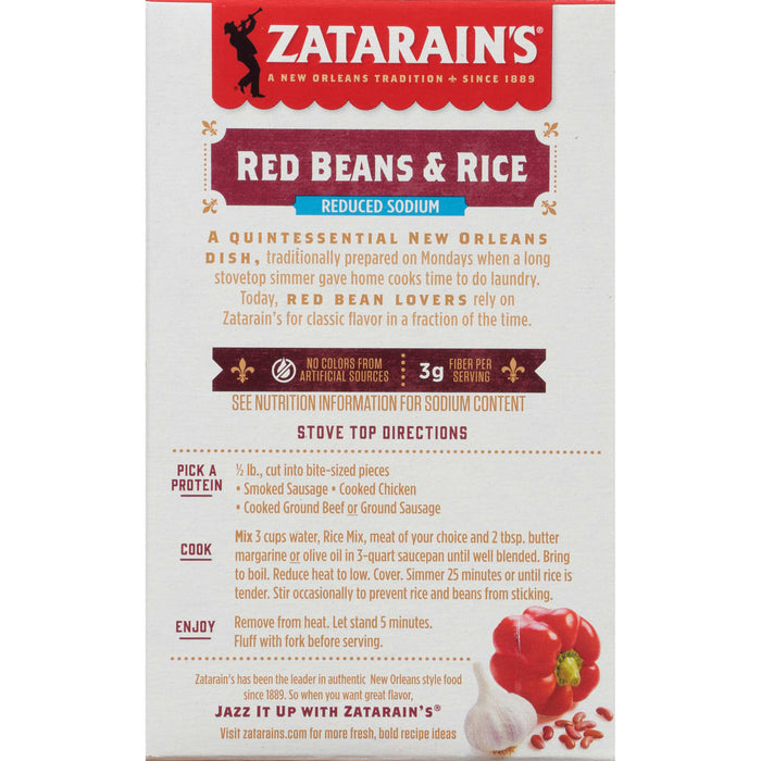 Zatarain's Red Beans &amp; Rice box with a red bell pepper, garlic, and red beans.