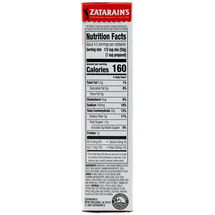 The nutrition facts label for Zatarains Regular Regular Rice And Bean Mix Long Grain 8 Oz, showing 160 calories per serving and other nutritional information.