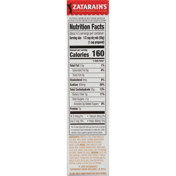 Zatarain's nutrition facts label for their red beans and rice mix.