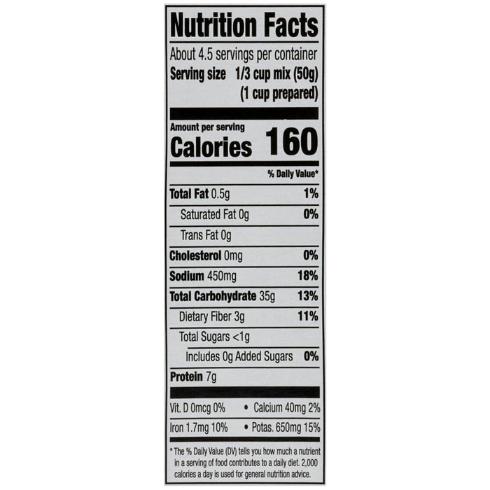 The nutrition facts label for Zatarains Regular Regular Rice And Bean Mix Long Grain 8 Oz, indicating 160 calories per 1/3 cup serving of the mix.