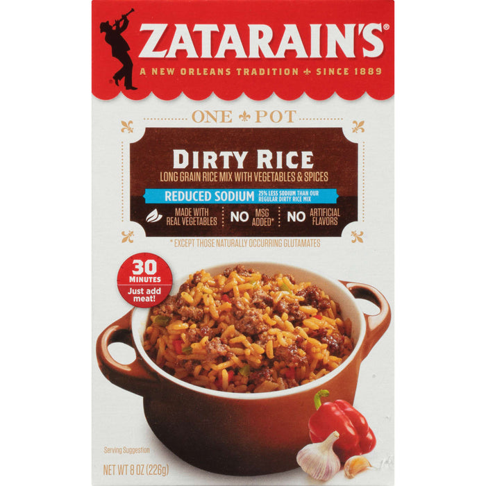A box of Zatarain's Dirty Rice with a picture of the rice dish on the front.