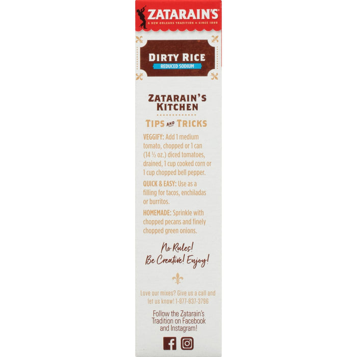 Zatarain's Dirty Rice packaging with tips and tricks for using the product.