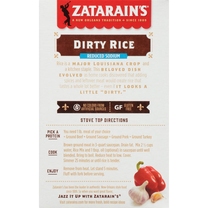 Zatarain's Dirty Rice box with instructions and a picture of bell peppers and garlic.