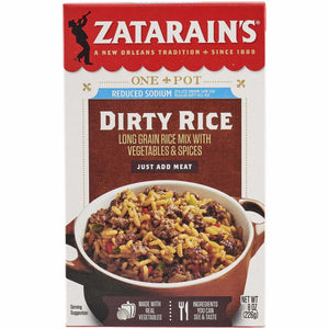 A box of Zatarains New Orleans Dirty Rice Mix Long Grain 8 Oz featuring a reduced sodium long grain rice mix with vegetables and spices.