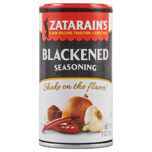 A can of Zatarain's Blackened Seasoning with a red lid and a picture of peppers, garlic, and onions.