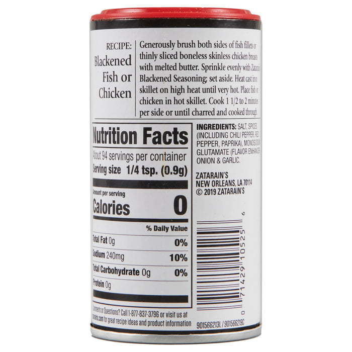 Zatarain's Blackened Seasoning nutrition facts label.
