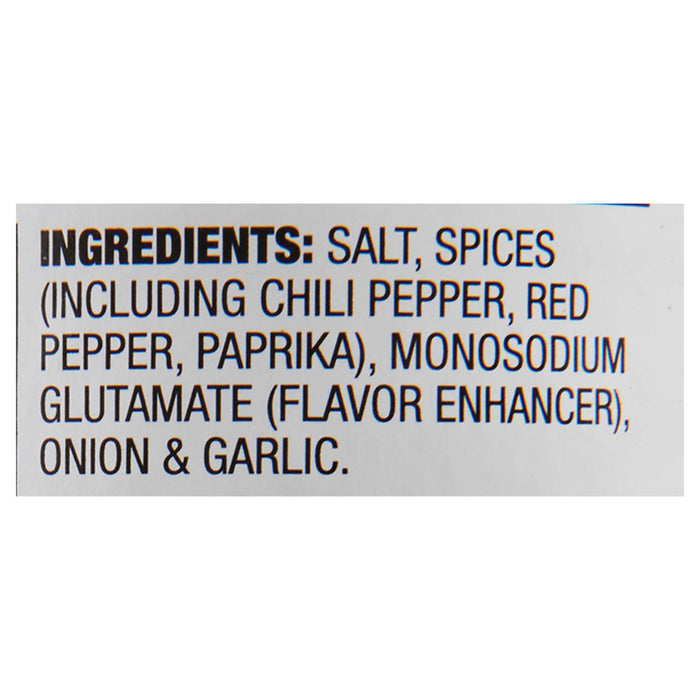 The ingredients for this product are salt, spices, chili pepper, red pepper, paprika, monosodium glutamate, onion and garlic.
