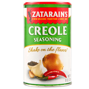 A can of Zatarain's Creole Seasoning with a picture of garlic, onion, and red pepper.
