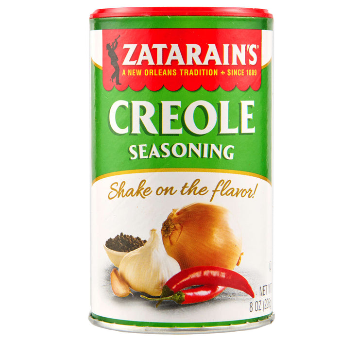 A can of Zatarain's Creole Seasoning with a picture of garlic, onion, and red pepper.