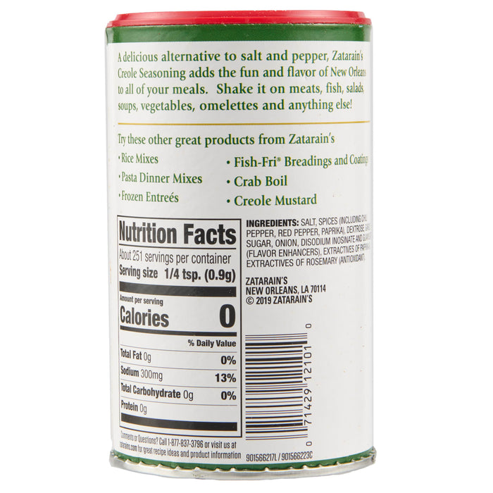 A Zatarain's Creole Seasoning container with nutrition facts and ingredients listed.