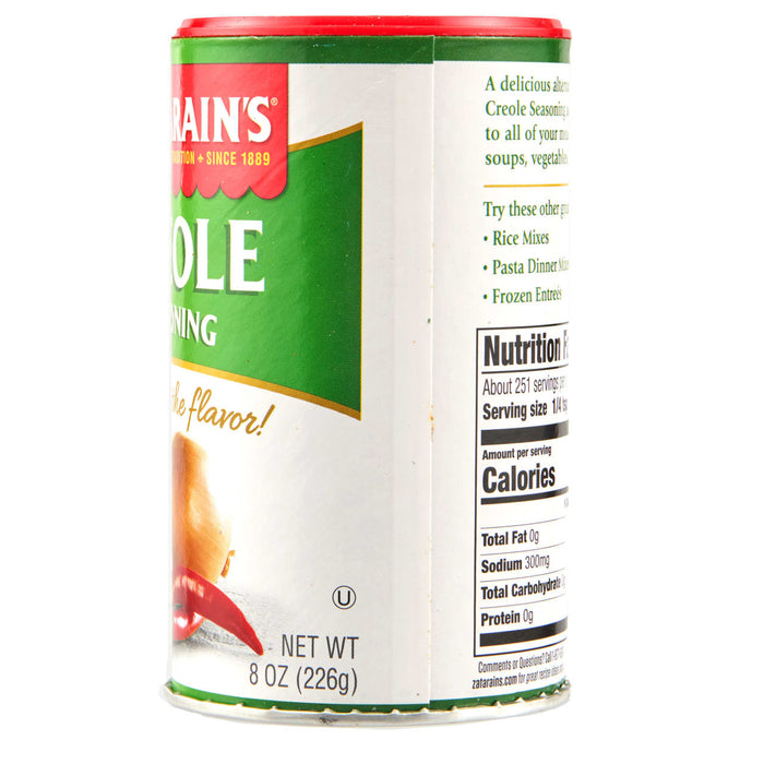 A Zatarain's Creole Seasoning container with a red lid and a green label.