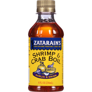 A bottle of Zatarain's Shrimp &amp; Crab Boil with Garlic &amp; Onion flavor.