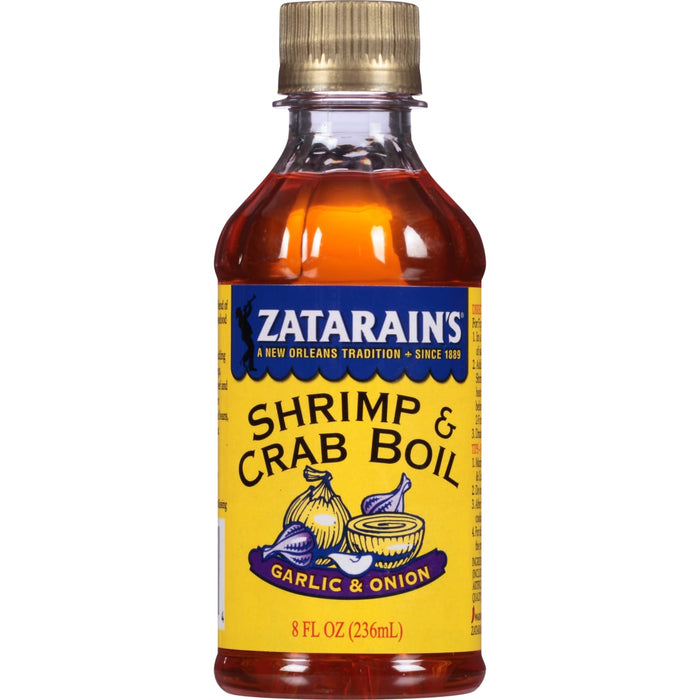 A bottle of Zatarain's Shrimp &amp; Crab Boil with Garlic &amp; Onion flavor.