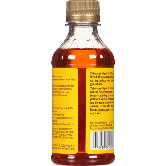 A bottle of Zatarain's Liquid Crab Boil seasoning.
