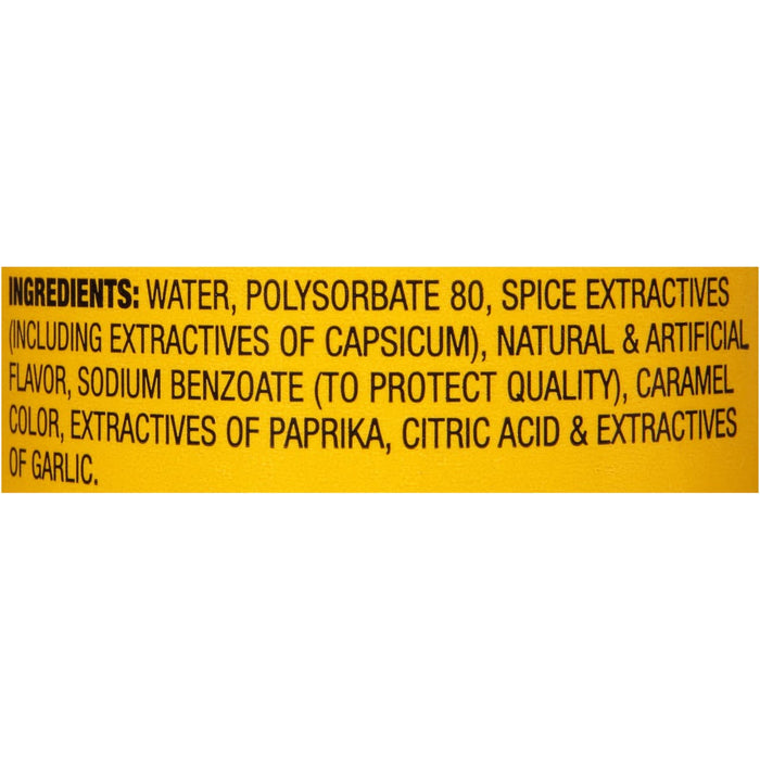 A list of ingredients for a product, including water, polysorbate 80, spice extractives, and more.