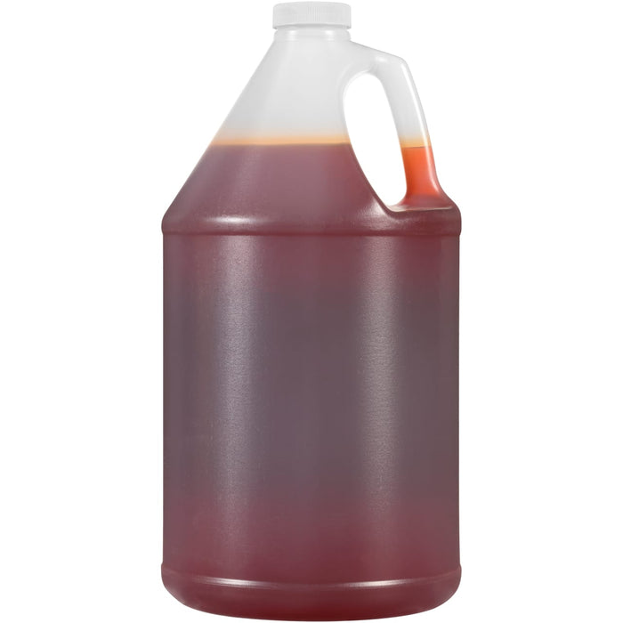 A white plastic jug with a handle filled with a red liquid.