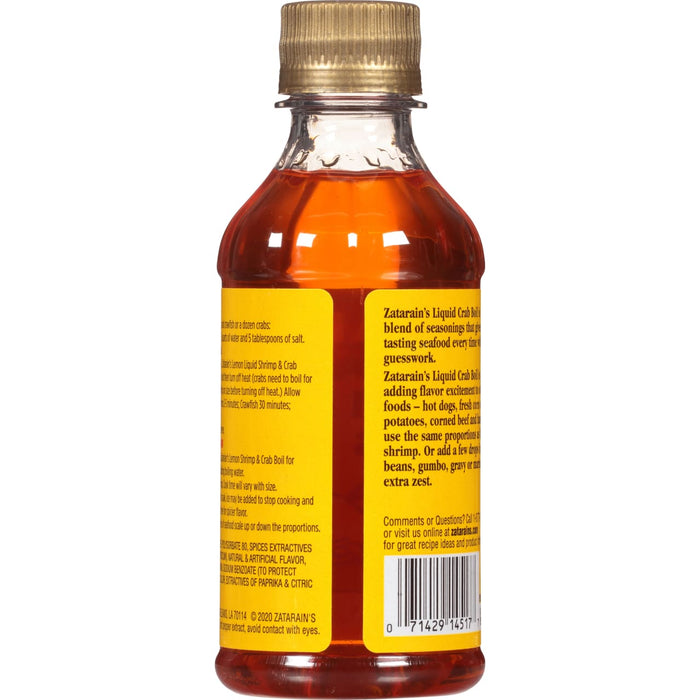 A bottle of Zatarain's Liquid Crab Boil seasoning.