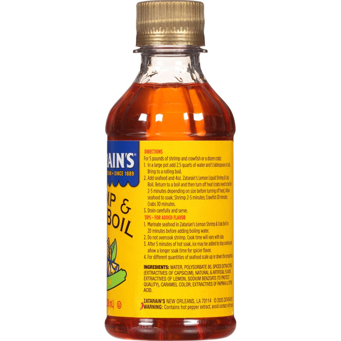 A bottle of Zatarain's Lemon Shrimp &amp; Crab Boil.