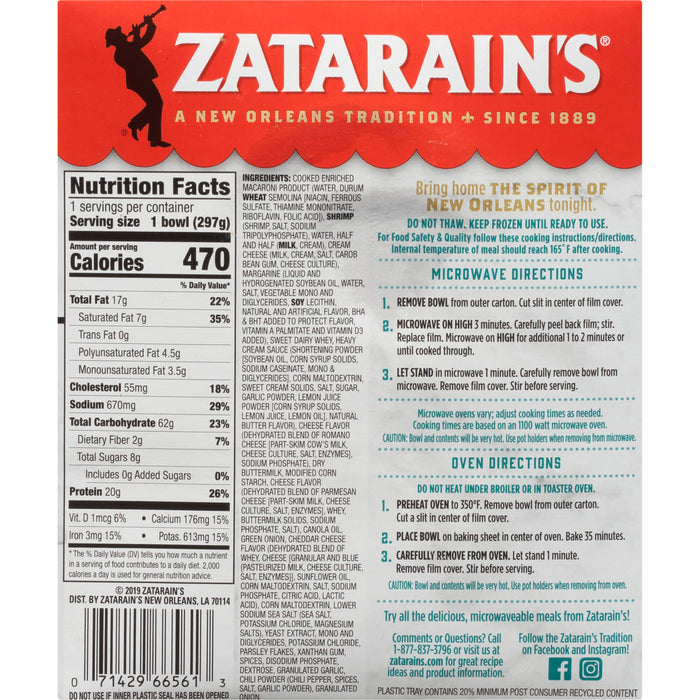 A Zatarain's box with nutrition facts and cooking instructions for their New Orleans style shrimp and cheese pasta.