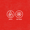 Two white icons on a red background, one is a drop of water with 0% inside and the text 'ZERO FAT' below, the other is a snowflake with the text 'KEEP FROZEN' below.