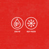 Two white icons on a red background, one is a drop of water with 0% inside and the text 'ZERO FAT' below, the other is a snowflake with the text 'KEEP FROZEN' below.