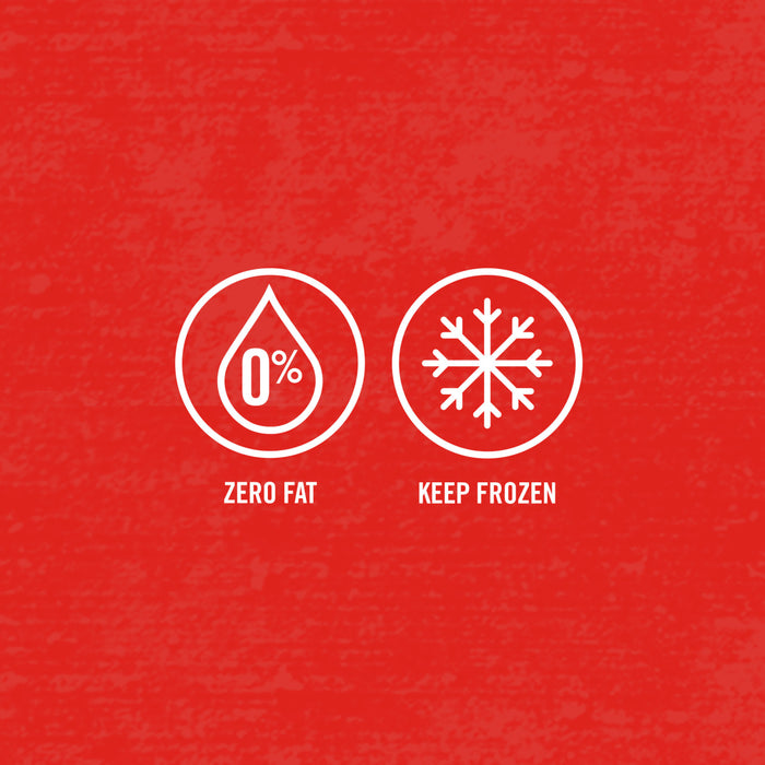 Two white icons on a red background, one is a drop of water with 0% inside and the text 'ZERO FAT' below, the other is a snowflake with the text 'KEEP FROZEN' below.