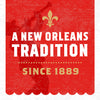A red banner with a silhouette of a person playing a trumpet and the text A New Orleans Tradition Since 1889.