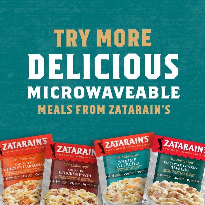 Zatarain's microwavable meals are shown in a variety of flavors, including Cajun-style chicken carbonara, bourbon chicken pasta, shrimp alfredo, and blackened chicken alfredo.