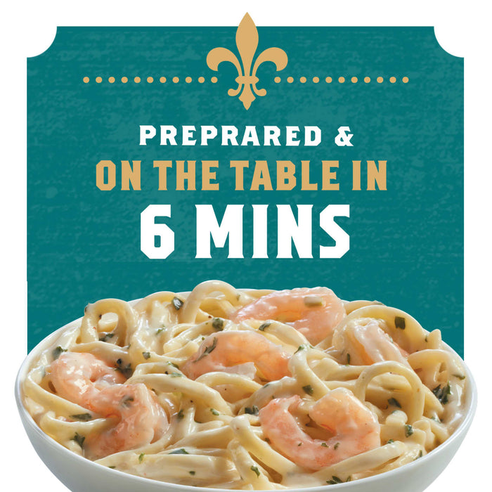 A bowl of shrimp Alfredo pasta with the text 'Prepared &amp; On The Table In 6 Mins' on a teal background.