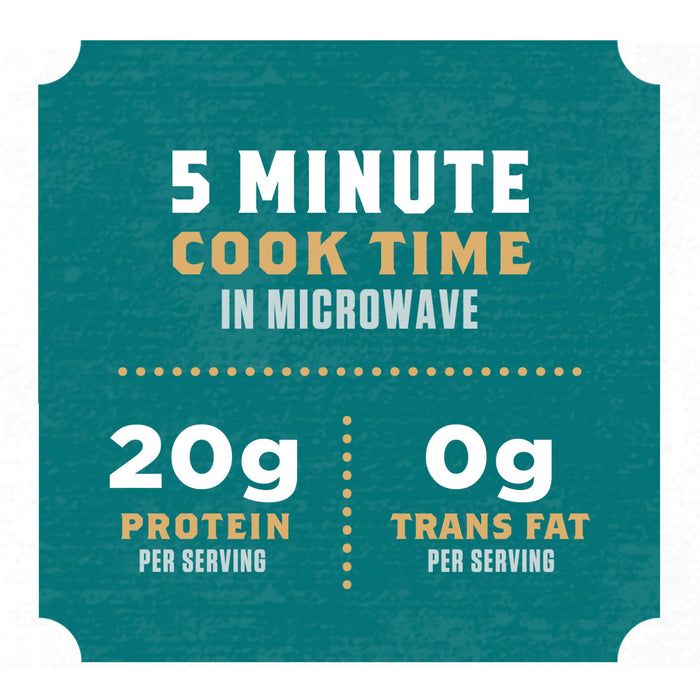 A teal blue square with rounded corners shows the nutritional information for a product, including the cook time, protein, and trans fat.