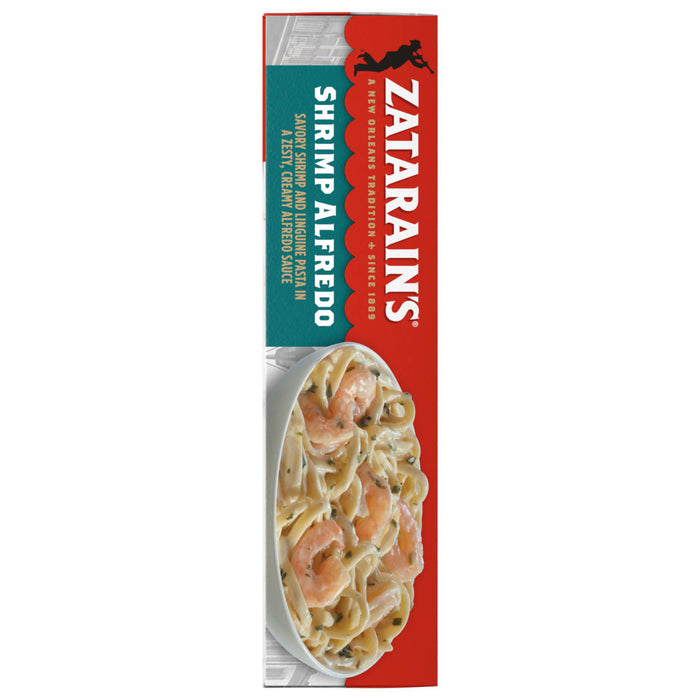 A vertical package of Zatarains Frozen Shrimp And Pasta Entree Shrimp Alfredo 10.5 Oz featuring a bowl of savory shrimp and linguine pasta in a zesty creamy alfredo sauce.