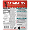 The back of a package for Zatarains Frozen Shrimp And Pasta Entree Shrimp Alfredo 10.5 Oz displays detailed nutrition facts, a full list of ingredients, and clear cooking instructions for both microwave and oven preparation.