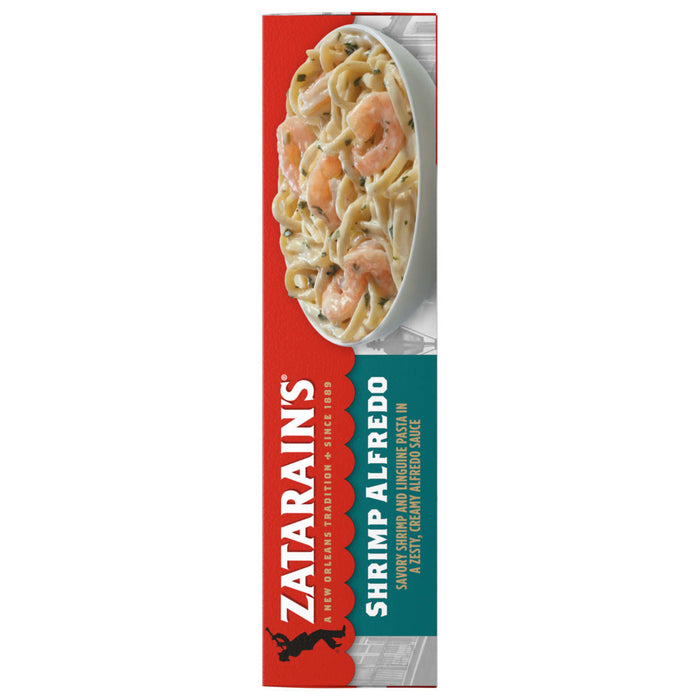 A vertical box of Zatarains Frozen Shrimp And Pasta Entree Shrimp Alfredo 10.5 Oz featuring a bowl of savory shrimp and linguine pasta in a zesty creamy alfredo sauce.