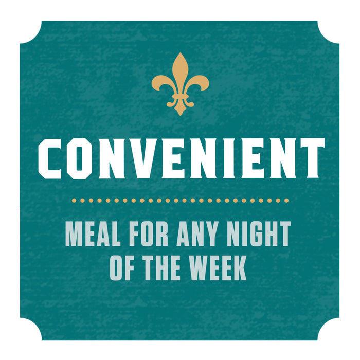 A teal green square with rounded corners, a gold fleur-de-lis, and the text Convenient Meal for Any Night of the Week.