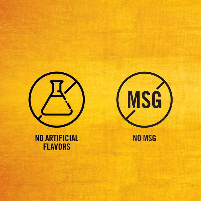 The image shows two symbols indicating No Artificial Flavors and No MSG against a yellow background.
